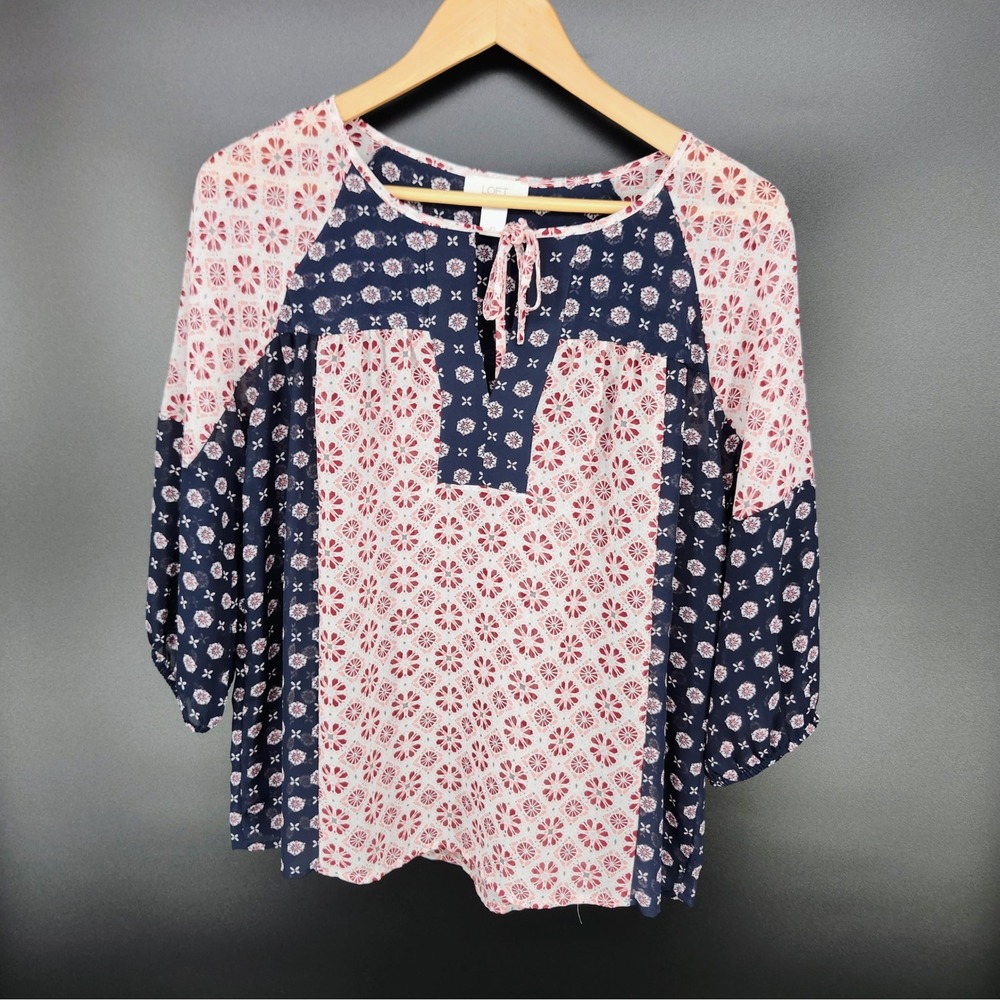 LOFT Outlet Womens XS Navy Pink Floral Mixed Print Boho Tie Neck Sheer Blouse